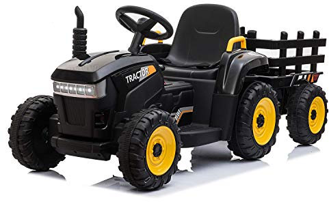 TOBBI Tracteur jouet alimenté par batterie 12 V avec remorque et moteurs doubles de 35 W, chargeur au sol à 3 vitesses avec lumières LED et fonctions audio USB, noir