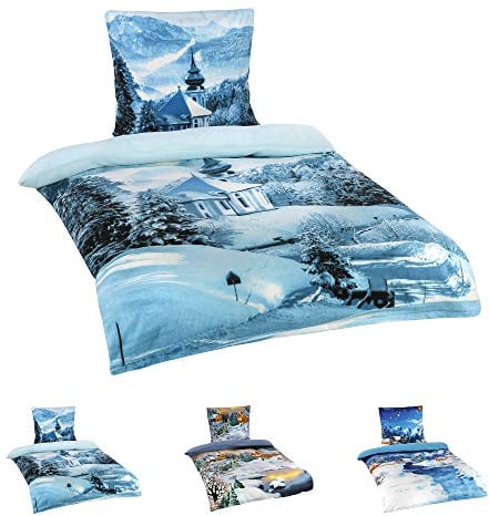 Niceprice Winter Flausch Fleece Microfaser Bettwäsche, Winterlandschaft Motive, 4tlg. Kirche 135x200