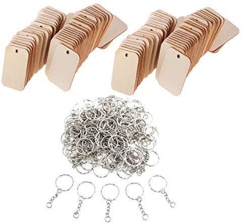 JZK 100 x Rechteck unfertige Holzscheiben Holzstücke mit Löchern und Schlüsselringe für Kunsthandwerk, Holzanhänger für Brandmalerei, Hochzeitsgeschenk Party begünstigt Geschenk Weihnachtsschmuck