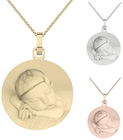 UHRENWELT Fotogravur Anhänger rund mit Kette und eigener Gravur Namen und Datum/Bildgravur mit Wunschgravur/Gelb (Goldfarbend)