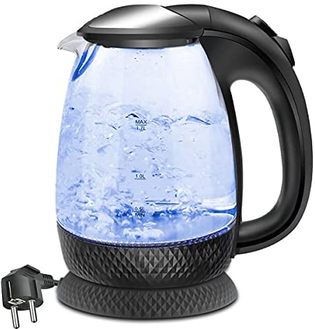EXTRASTAR Elektrischer Wasserkocher aus Glas mit blauem LED-Licht, bpa, automatischer Abschaltung und Trockenkochschutz 1.7L
