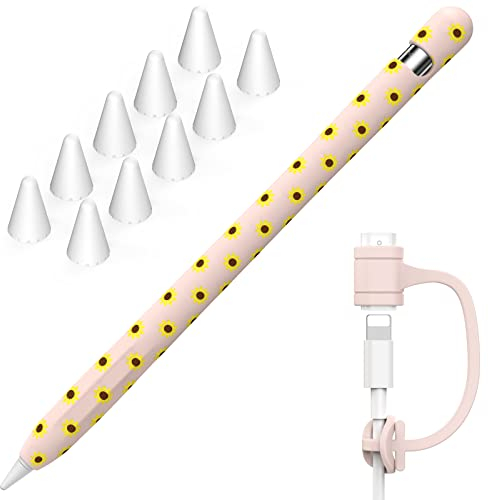 NIUTRENDZ Sunflower Case for Apple Pencil 1st Generation Case Cover Silicone Protective Sleeve Accessories with Apple Pencil Tips Cover & Cable Adapter Tether (Pink)