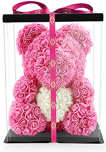 NADIR Orsetto floreale con cuore/con scatola regalo preconfezionata, per San Valentino, festa della mamma, compleanno, anniversario, anniversario, orsetto con rose e orsacchiotto (cuore rosa, 40 cm)