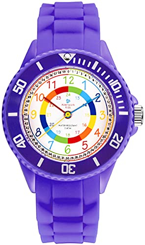 Alienwork Kids Montre Pédagogique Apprendre l'Heure Enfants Fille Violette Bracelet en Silicone Multicolore Enfants Résistant à l'eau 5 ATM Temps d'apprentissage