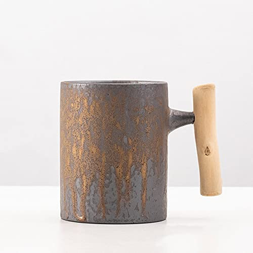 600Ml Vintage Coffee Mug Large Capacity Wooden Handle Retro Ceramic Tea Mugs Rust Glaze Water Cup Home Office Drinkware Personalised Novelty Funny Reusable Coffee Cup