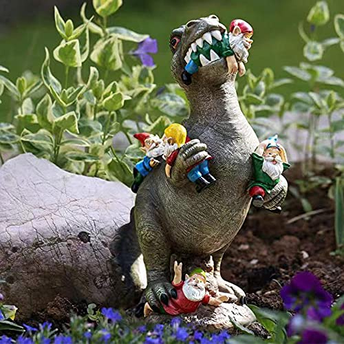 Jetcloud Garden Gnome Ornaments Dinosaur Eating Gnomes Outdoor Decor Funny Gnomes Sculpture Resin Figurine for Patio Decor Garden Art Resin Statue