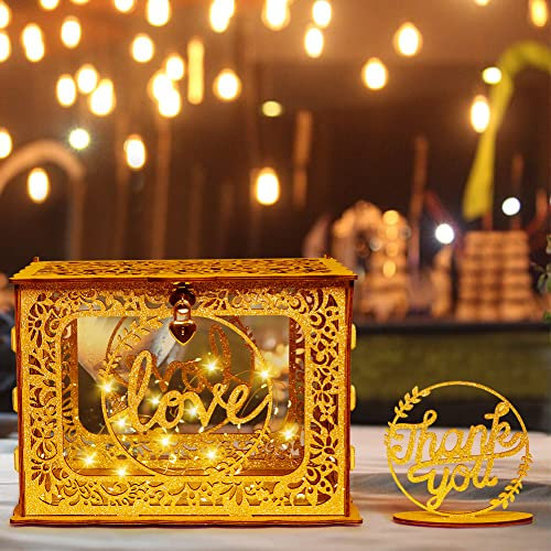 OurWarm Gold Hochzeitskartenbox mit Schloss, Holz Geschenkkartenbox Halter mit klarem Fenster und Lichterkette Design, DIY Umschlag Sparkarte Box für Hochzeit Empfang Geburtstag Party