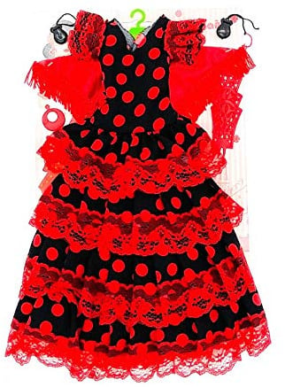 Folk Artesanía Trachtenkleid Andaluza Flamenca für klassische 42 cm große Puppe Sintra oder Simona inkl. Kämme, Kastagnetten, Puppe nicht im Lieferumfang enthalten (schwarz Lunar rot)
