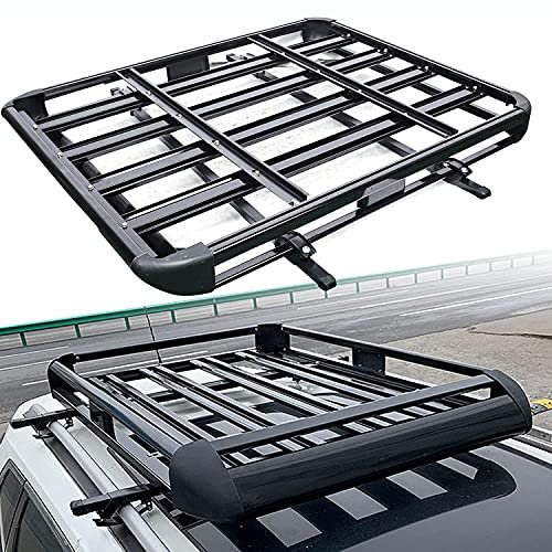 HUMNZR DachgepäCkträGer Groß Schwarz Aluminium DachgepäCkträGer Korb Wanne Fracht RelingträGer GepäCk Fracht TräGer Mit Bars Wasserdicht KorrosionsbestäNdig,127 * 90cm