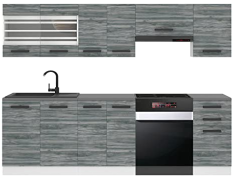 Belini Küchenzeile Küchenblock Lily - Küchenmöbel 240 cm Einbauküche Vollausstattung ohne Elektrogeräten mit Hängeschränke und Unterschränke, ohne Arbeitsplatten, Glamour Wood