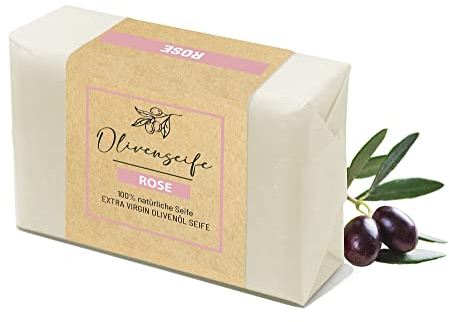 NELUHA Olivenölseife ROSE mit Mandelöl 100% natürliche Seife ohne Zusatzstoffe für Haut, Haar und Rasur, Duschseife pflegend für alle Hauttypen, Ohne Allergene, Plastikfrei olivenseife