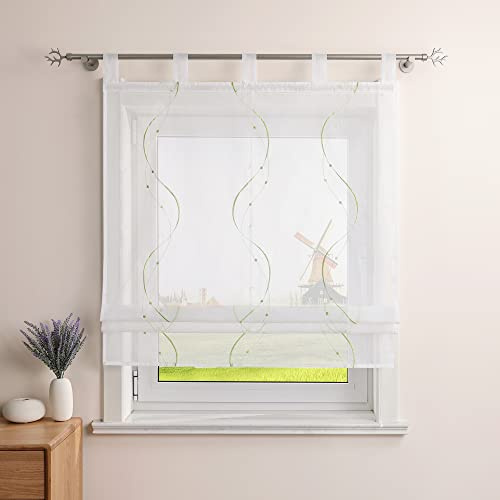 CORLIF Raffrollo mit Schlaufen Leinenoptik Raffgardine B80 x H140 cm,Grün | 1 Stück,Mit Stickerei,Transparent,Modern,Schlaufenrollo Landhausstil,Küche Rollo,Mit Wellenmuster,Kurz Fenster Schal