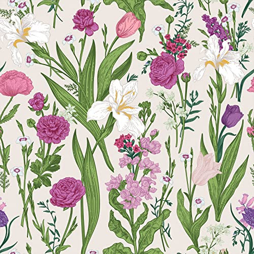 VEELIKE Papier Peint Fleur Beige Pivoine Rose Mural Papier Peint Feuillage Vert Papier Adhésif pour Meuble Vintage Tropical Jungle Rouleau Vinyl Adhesif Meuble Chambre Salle de Bain 44.5cm×300cm