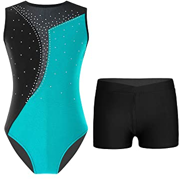 TTAO Kinder Mädchen Ärmellos Gymnastikanzug mit Strassstein Training Leotard mit Shorts Turn Set Gymnastik Training Dancewear Gymnastikbody Blau Grün & Schwarz 158-164
