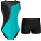 TTAO Kinder Mädchen Ärmellos Gymnastikanzug mit Strassstein Training Leotard mit Shorts Turn Set Gymnastik Training Dancewear Gymnastikbody Blau Grün & Schwarz 158-164