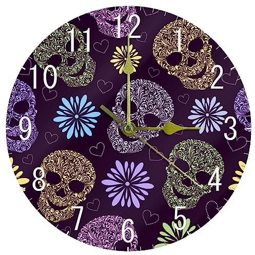 Astratto floreale teschi viola modello orologio da parete decorativo non ticchettio orologio da 10 pollici a batteria rotondo facile da leggere casa/ufficio/scuola orologio