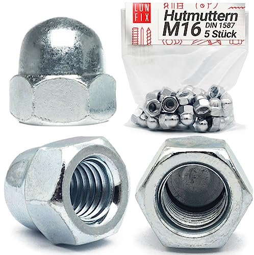 Hutmuttern M16-5 Stück DIN 1587 Sechskant hohe Form, Metrisches Innengewinde, verzinkter Stahl, Abdeckmuttern für Gewindebolzen, Kappenmuttern für Gewindestangen
