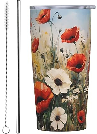 cfpolar Wasserfarben-Mohnblumen- und Gänseblümchen-Becher aus Edelstahl, isolierter Reise-Kaffeebecher mit Deckel und Strohhalm, langlebige Kaffeetasse, Wasserflasche für kalte und heiße Getränke, 590