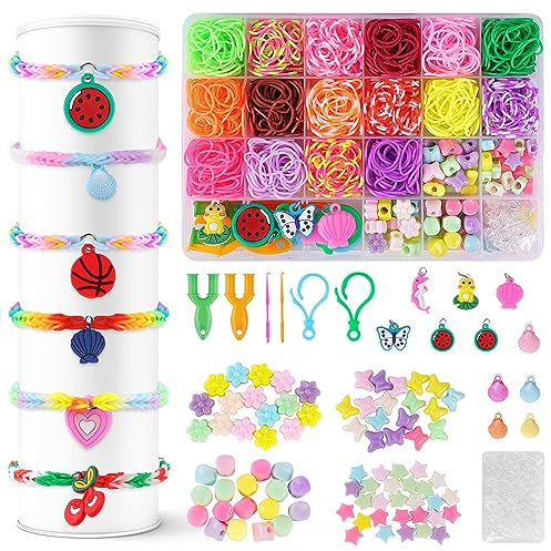 AUAUY Loom Bänder Set, 1200+ Bunte Gummibänder Kit für Armbänder, DIY Elastisches Loombänder Kinder Armband Basteln mit Perlen Haken Charms für Geburtstag Weihnachten Spielzeug Basteln Geschenk