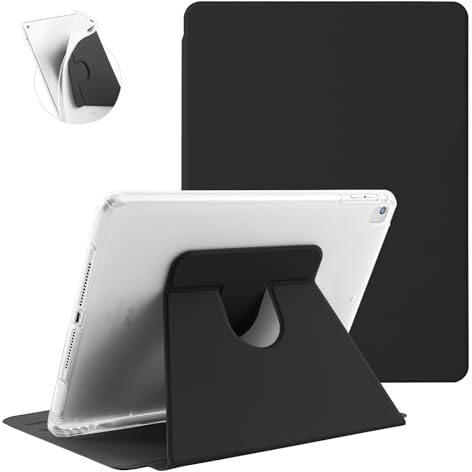 Koze Funda Rotación para iPad 9,7 Pulgadas iPad 6.ª 5.ª generación y iPad Air 1.ª 2.ª con Portalápiz, Carcasa Visión Multiángulo Giratoria 360°, Cubierta Trasera Translúcida Suave Antigolpes, Negro