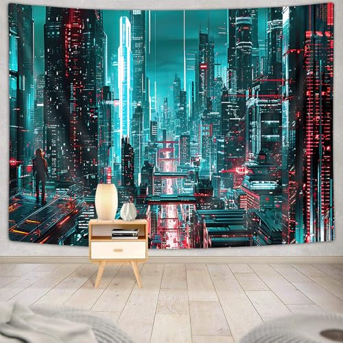 bzwcbei Cyberpunk Wandteppich, japanischer Anime-Gamer-Tapisserie, Wandbehang für Schlafzimmer, große futuristische Möbel, Stadt, Neon, Gaming-Wandteppich, Poster, Decke, Studentenwohnheim