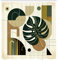 ABAKUHAUS Modern Duschvorhang, Monstera Blatt mit Mid Century Boho geometrischen Runden Linien Minimalismus, Stoffliches Gewebe mit Haken, 175 x 200 cm, Beige Dunkelgrün Karamell