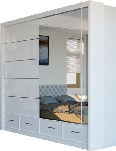 Hackney Modern Elegant High Gloss & Mirror Sliding Door Wardrobe with Extra Space and Elongated LED Light (White, 203)
