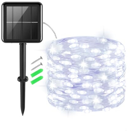 Gcstnn Catena Luminosa Solari Esterno, 5M 50LED Luci Sloare 8 Modalità IP65 Impermeabile Luci Esterno Energia Per Giardino, Patio, Balcone, Albero di Natale Decorazione (Bianco Freddo)
