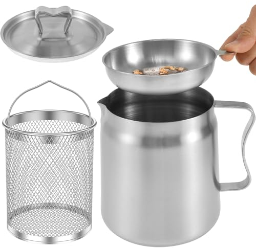 Alongen Oil Filter Pot with Basket 2L Stainless Steel Oil Strainer Pot with Lid and Fine Mesh Strainer Oil Storage Can,Bacon Grease Container,Multi-Functional Oil Filter Tank for Kitchen Cooking