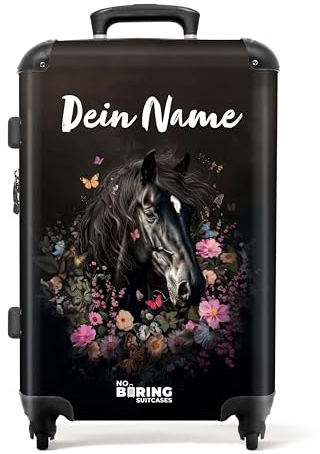 NoBoringSuitcases.com Kinderkoffer, Koffer Personalisiert, Kinder Koffer Mädchen, Koffer Groß, TSA, Reisekoffer, Koffer 20kg Gepäck, Koffer Mittelgroß (Pferdekopf, Blumen - Schwarz, 67 cm - 72 L)