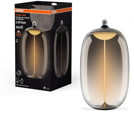 Osram Vintage 1906 Big Elipse Oval ist eine dimmbare LED-Lampe aus Kunststoff mit Filament in Ellipsenform. Sie bietet 12 W für 300 lm, E27 Fassung, Smoke Design, 200 mm Durchmesser, CRI 80, 1800 K.