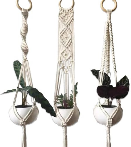 WUERKIYA Lot De 3 Paniers Suspendus en Macramé, Panier Suspendu en Corde De Coton, Pot De Fleurs, Support De Plantes, Cintre pour Intérieur, Extérieur, Plafonds, Balcons, Décoration Murale