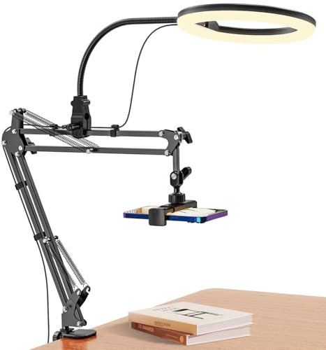 Jubor LED Ringlicht mit Stativ Handy, 10 Flexibles Tisch Ringlicht Overhead Stativ Handy, Dimmbare Ringlampe Videokonferenzen 3 Lichtfarben+10 Helligkeiten für YouTube, Selfie, Makeup, Live-Streaming