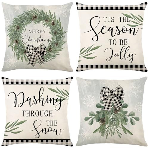 VITEVER Holly Kiefernzapfen Baum Weihnachten Kissenabdeckungen 4er Set, 45x45cm Kissenabdeckungen Winterurlaub Zierkissenbezug Couch Wohnzimmer Deko