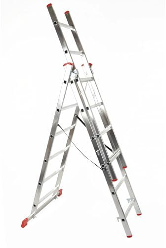 Hillagi 3x6 Mehrzweckleiter, Vielzweckleiter, 3x6 Sprossen, 3-teilige Alu-Kombileiter, bis 150 kg belastbar, max. Arbeitshöhe 4,05 m, Klappleiter, Multifunktionsleiter, Stehleiter, Silber/Rot