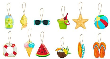 Summer Decorations Hanging Wooden Ornaments - 12pcs Hawaiian Luau Party Hanging Ornaments for Tree,Tropical Decorations Ornaments with String for Hawaiian Luau Beach Party Supplies