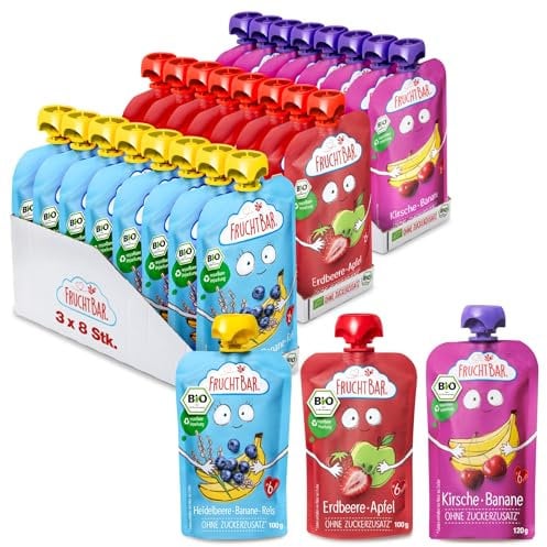 FruchtBar-Bio Quetschie, 24 Stk. Mix, 3 verschiedene Sorten, Fruchtpüree für Babys ab 6 Monaten & Kinder (Bio Quetschie Mix mit Beeren)