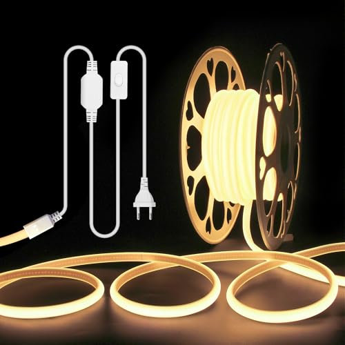 ALITOVE 10M COB LED Streifen Aussenbereich Wasserdicht Warmweiss 3000K Outdoor LED Strip 230V Direktanschluss mit Schalter für Schlafzimmer Garten Terrasse DIY-Beleuchtung und Heimdekoration