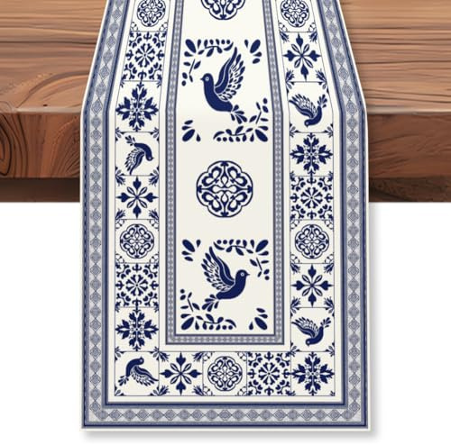 WADORN Tischläufer Mit Blauem Fliesendruck, 183cm Lang Tischläufer Mit Patchwork Fliesen Im Spanischen Stil Saisonale Frühlingsdekoration Für Küche Und Esstisch Für Zuhause Und Party