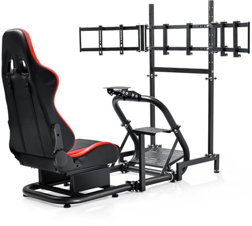 Dardoo Racing Simulator Cockpit mit dreifachem Monitorständer und rotem Sitz passend für Logitech/Thrustmaster/Fanatec T500RS TX G29 G920 G923 CSL-DD, ohne Lenkrad, Pedal, Handbremse