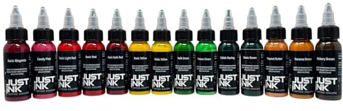 JUSTiNK 14 Farben MIX 14x30ml - BUNT COLOR Grün, Rot, Gelb - Deutsche Profi TATTOO FARBE (REACH) - INKgrafiX®AKTION Just Ink Set
