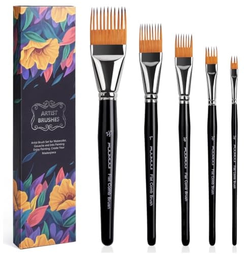 Grainer Pinsel Set - 5 Stück Premium Künstler Flat Effektpinsel für Linien, Gras, Fell und Holzmaserung, Einzigartige Textur-Effekte | ideal für Aquarell, Acryl und Öl, Kammpinsel