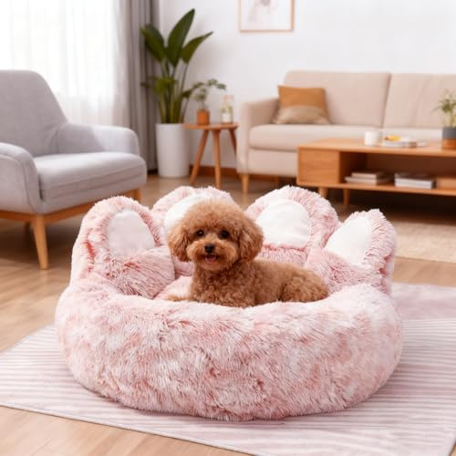 SHJOEE Flauschig Hundebett Katzenbett Waschbar Hundekissen Katzenkissen Weich niedliche Bärenpfotenform Hundesofa Hundekorb Langer Plüsch Haustierbett für Kätzchen,Hunde (Pink, 65cm)