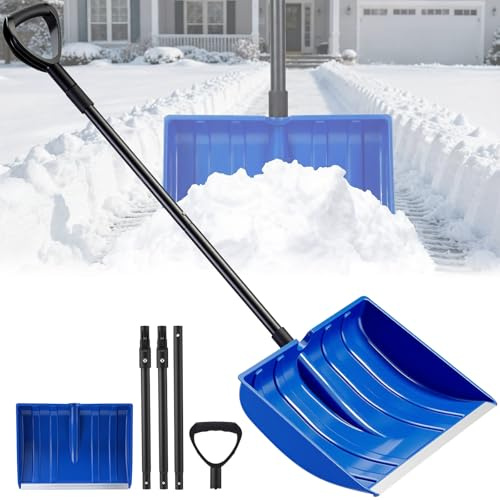 Therwen Schneeschaufel für Auffahrt mit Aluminiumstreifen, 132 bis 168 cm, verstellbare Länge, abnehmbar, große Schneeschaufel mit D-Griff, tragbares Schaufelwerkzeug für Zuhause, Garage, Garten