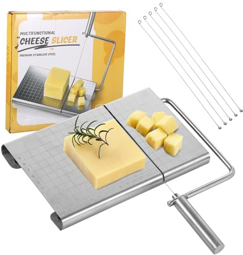 Skdqiee Cheese Slicer with 5 Replacement Wires, Stainless Steel Cheese Wire Slicer, Non-Slip Kitchen Countertop Cheese Cutter Slicer, Block Cheese Cutting Board for Home Restaurant Charcuterie