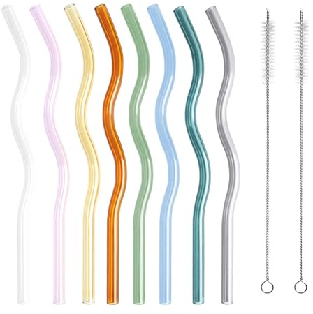 8 Reusable Wavy Glass Straws, Shatterproof Colorful Straws | Cute Straws with 2 Cleaning Brushes for Juice, Tea, Coffee, Cocktails