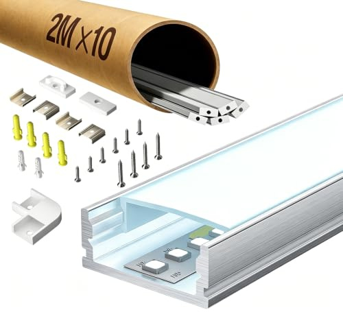 10 x LED Profil 2 m Aluminiumprofil, für 12 mm LED Leiste，17.4 x 7mm | Inklusive Endkappen, Montageclips und LED-Diffusor, eloxiertes Aluminium, indirekte Beleuchtung, einfache Montage.