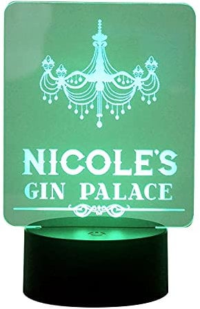 Funny 'Gin Palace' LED light up sign. Personalise multi colour LED lamp light. Ideal for home bar pub.
