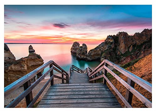 Fototapete Strand Meer Landschaft 3D Effekt Sonnenuntergang Modern Wohnzimmer Schlafzimmer Wandtapete Vlies Tapete UV-Beständig Montagefertig (416x254 cm - 4 Bahnen)