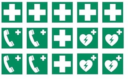 15 Aufkleber Mix: 7x Erste Hilfe 4x Notruftelefon 4x Defibrillator - ø 9,8 cm - UV- und witterungsbeständig - ISO 7010 - nachhaltig - Gebotszeichen Schild Ersthelfer Verbandskasten (9,8, Mix)